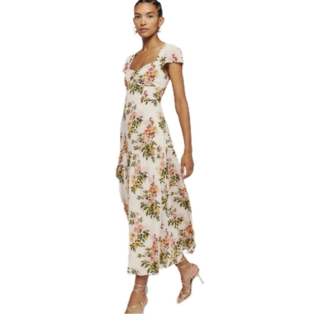 Reformation Cream Floral Midi Dress with Pink & Green Print